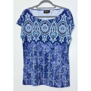 Bob Mackie Wearable Art Blouse Medium Blue Geometric Boat Neck Short Sleeve